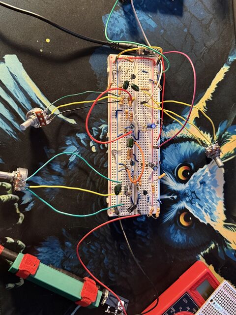 Big Muff Pi clone circuit assembled on a breadboard