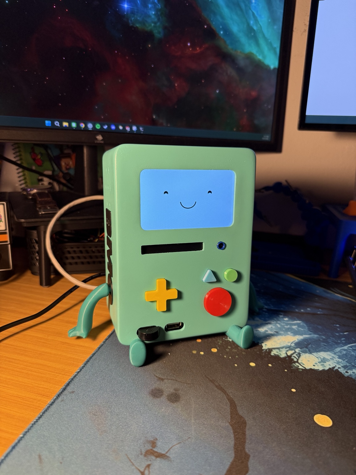 Finished BMO Raspberry Pi companion standing on a desk