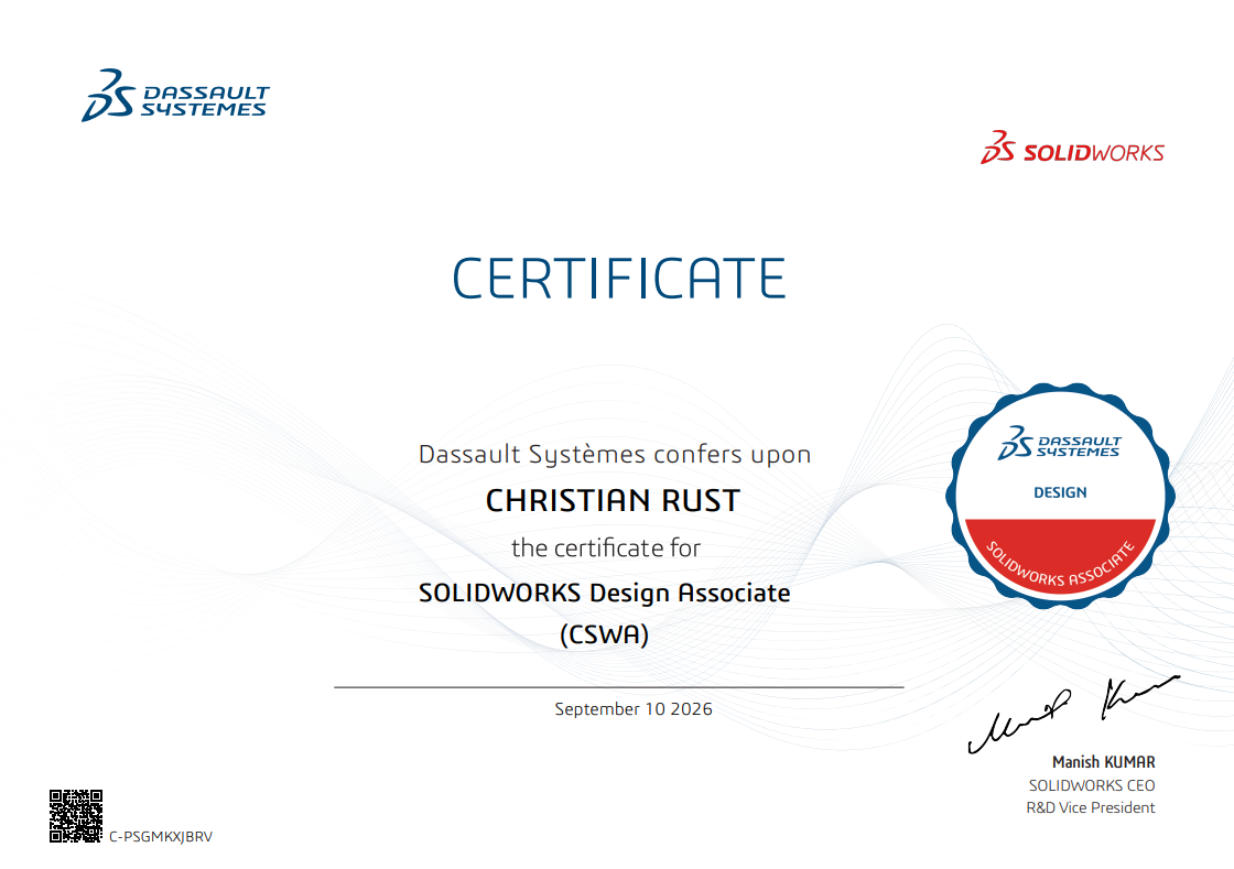 SOLIDWORKS Design Associate certificate for Christian Rust