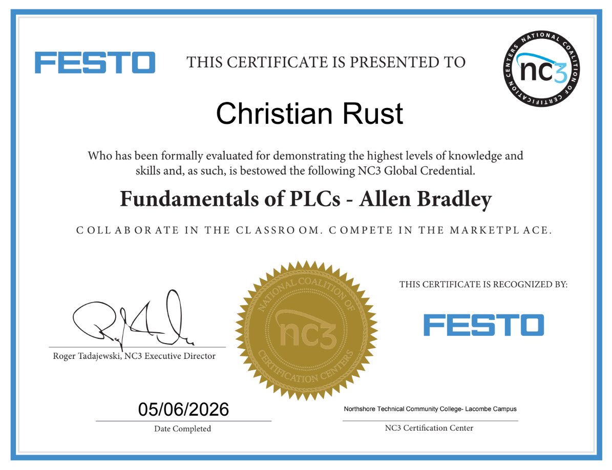 FESTO Fundamentals of PLCs - Allen Bradley certificate for Christian Rust