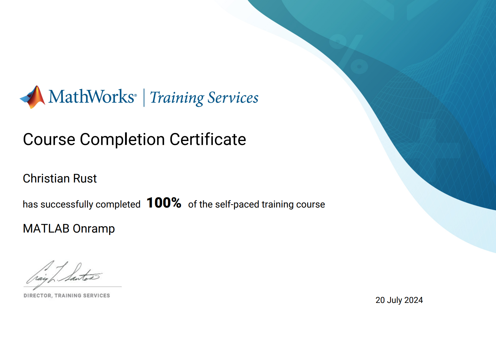 MathWorks MATLAB Onramp course completion certificate for Christian Rust