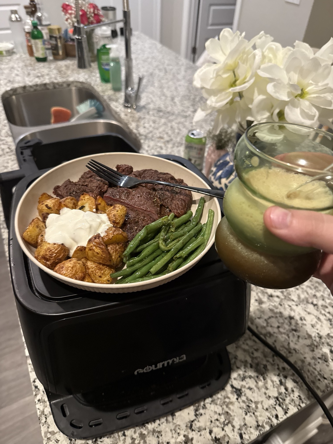 Home cooked steak dinner with vegetables