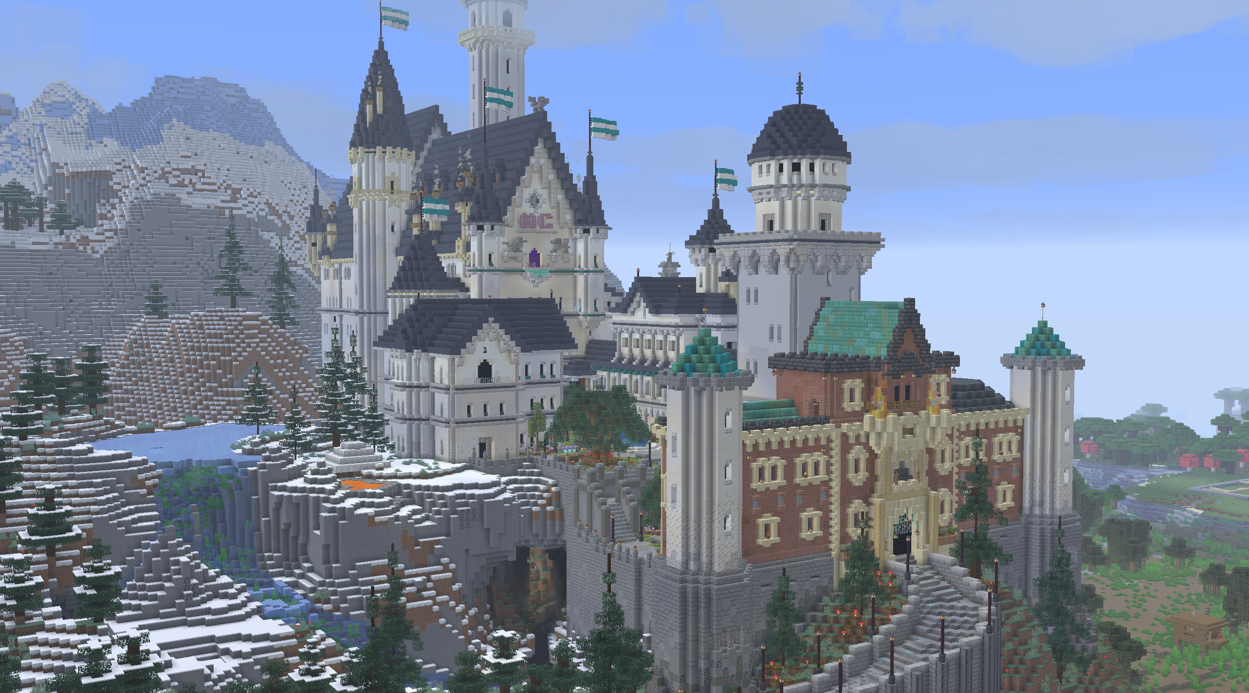 Minecraft castle in a snowy mountain landscape