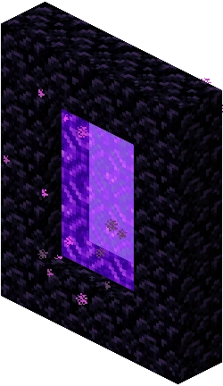 A glowing Minecraft Nether portal framed by dark obsidian blocks