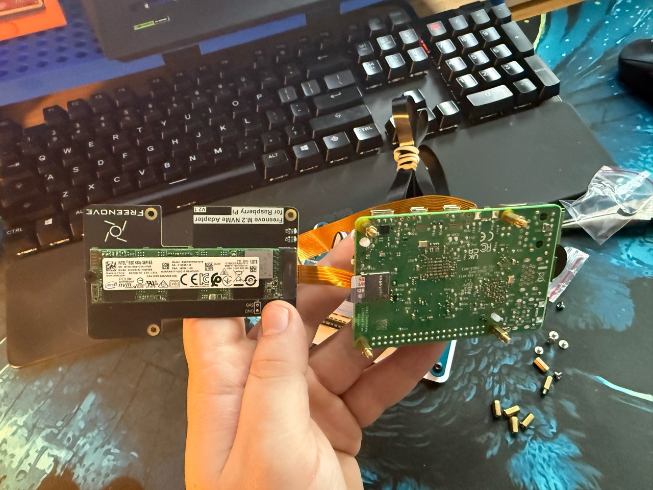 1 TB SSD and NVMe M.2 base installed with the Raspberry Pi 5