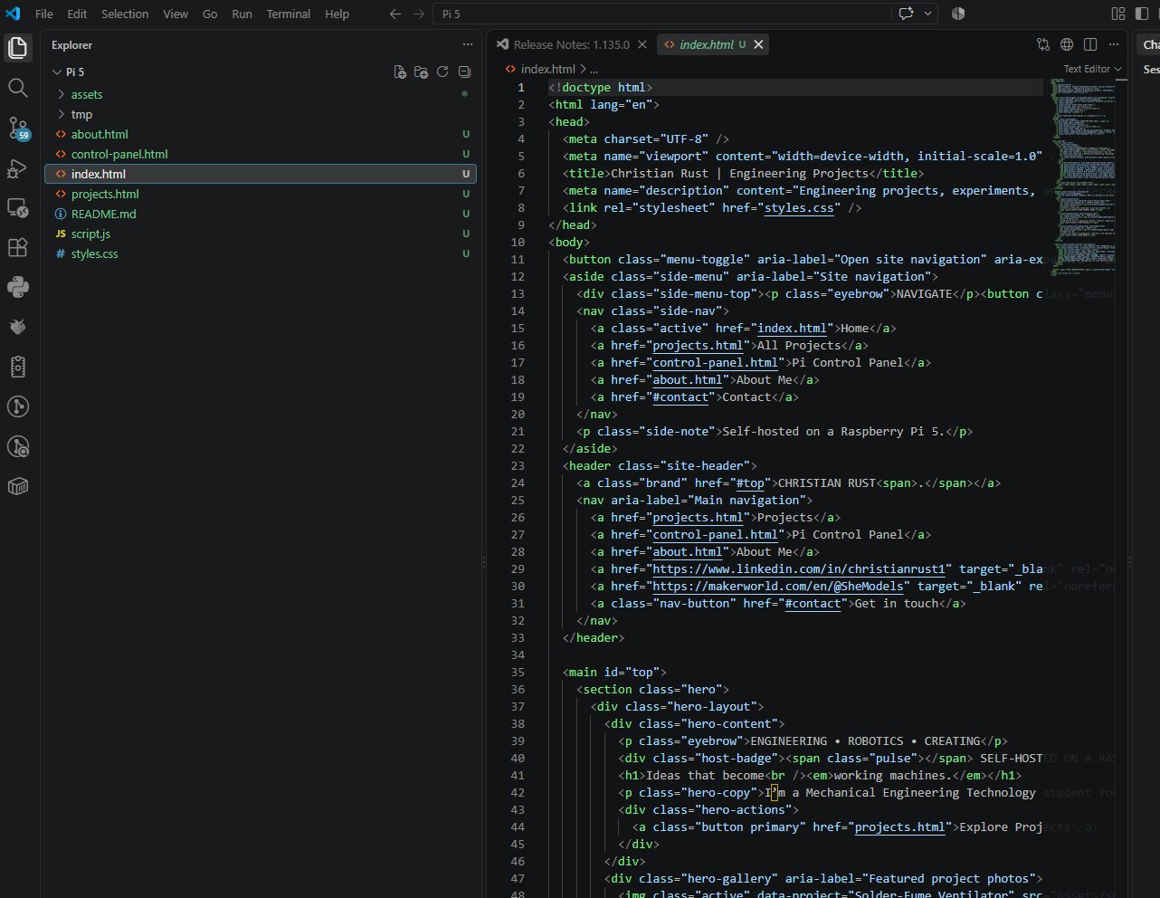 Development workspace showing the portfolio site source code