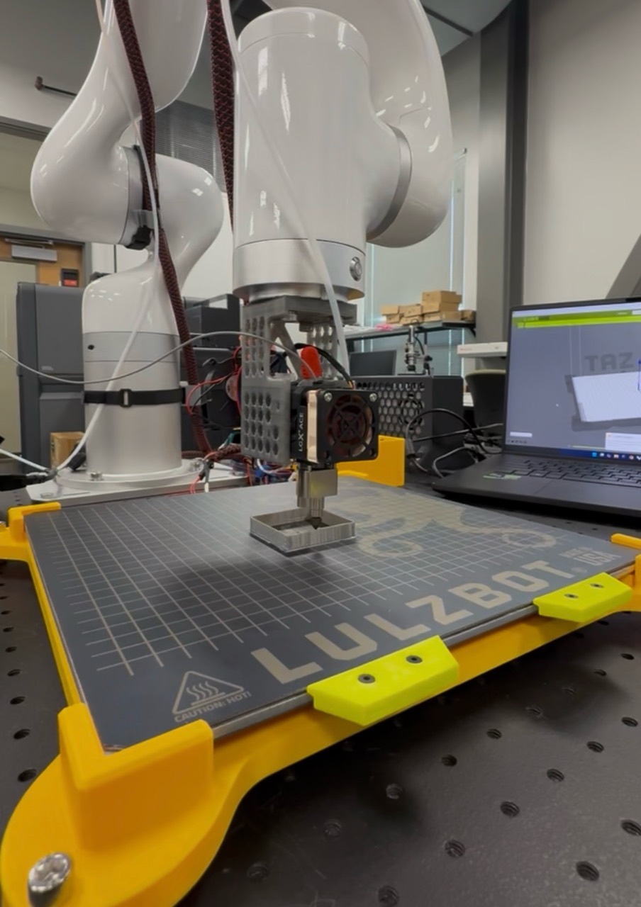 UFACTORY 850 robot arm printing a PLA cube on the LulzBot bed