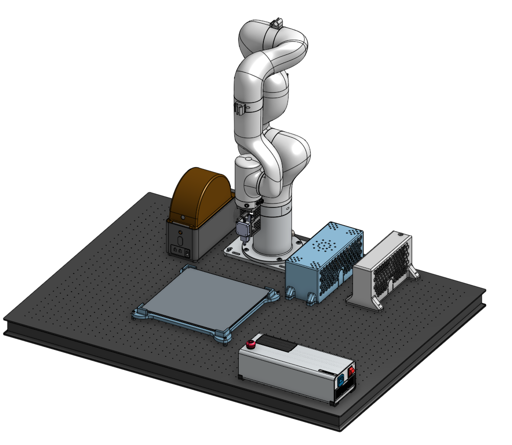 CAD rendering of a robotic additive manufacturing system with a robot arm, extruder, electronics housings, and build plate