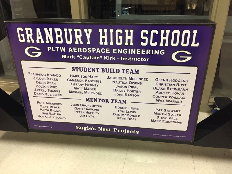 Granbury High School PLTW Aerospace Engineering student build team sign